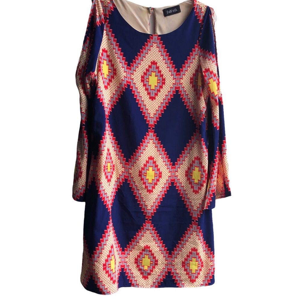 Ladies Sz Medium geometric print shift dress peek-a-boo sleeves